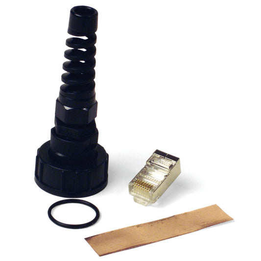 Black coaxial cable connector kit with RJ45 plug, O-ring, and adhesive tape for auto audio installation