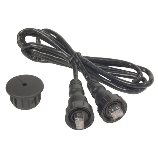 Black Cat 5e Ethernet cable with RJ45 connectors and dust cap for audio/video installations