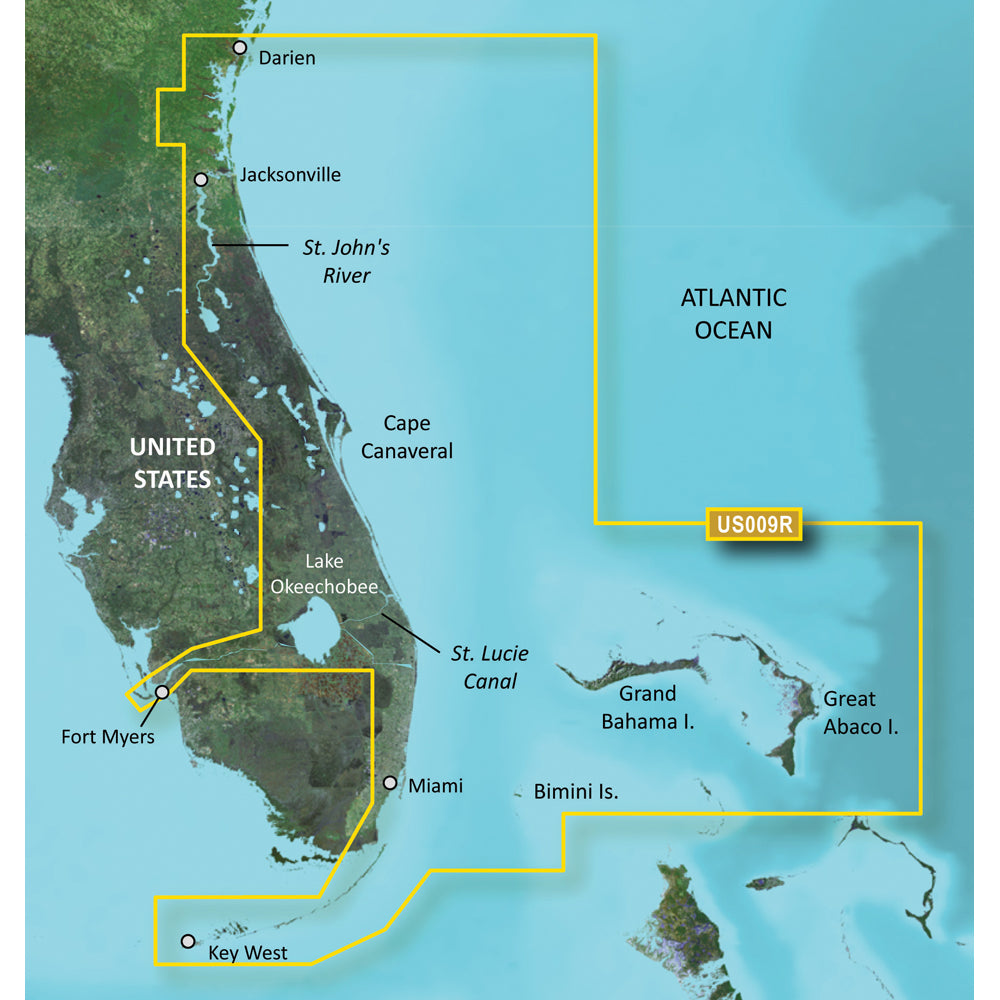 Florida to Bahamas marine navigation map highlighting US009R route, St. John's River, Cape Canaveral, Miami, Key West