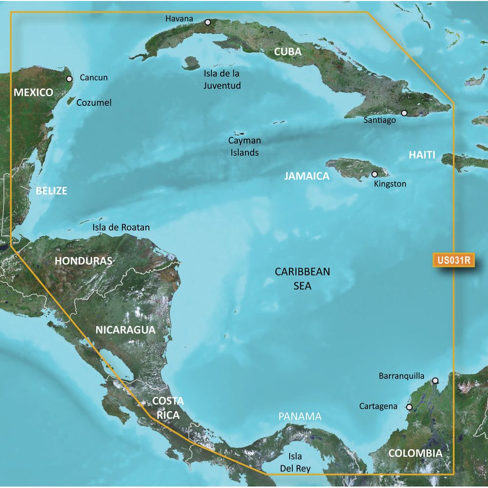 Caribbean Sea map showing Cuba, Jamaica, Haiti, Mexico, Honduras, Nicaragua, Costa Rica, Panama, Colombia, and key cities