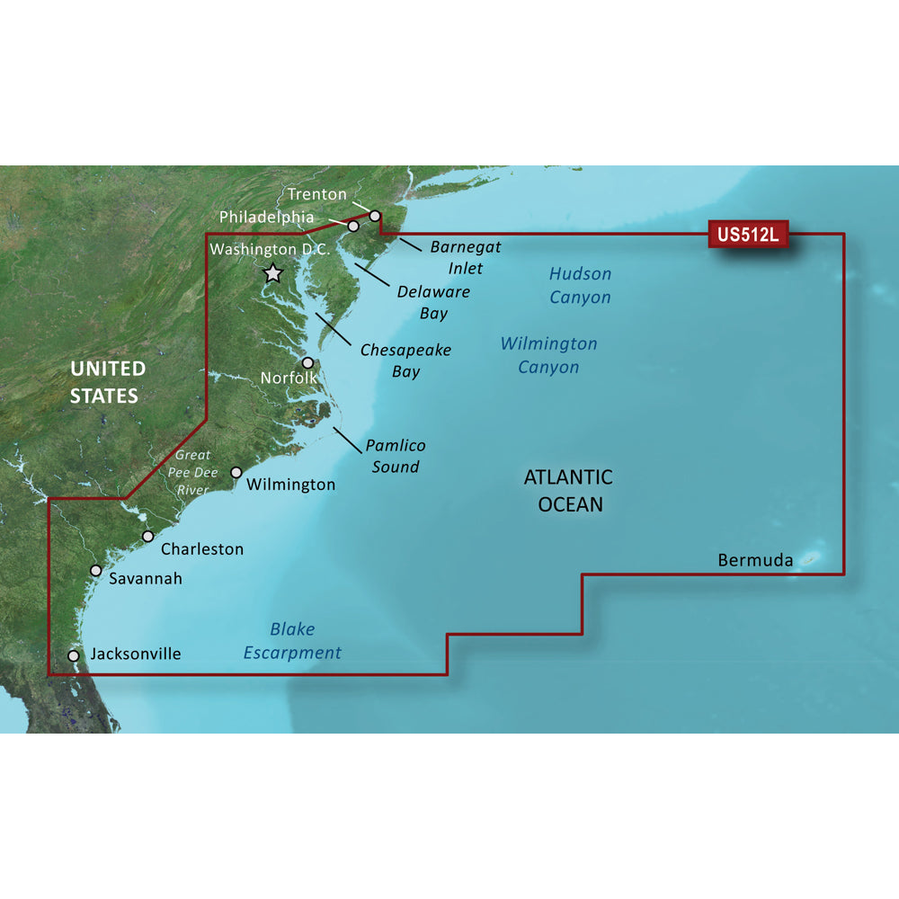 US512L marine navigation map covering East Coast from Maine to Florida, Atlantic Ocean, key bays & canyons