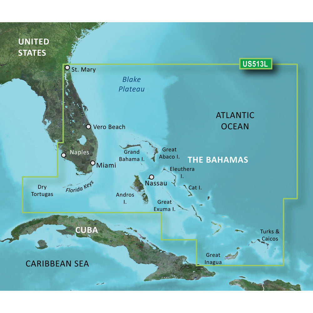 Map showing US513L coverage from Florida to Bahamas, including Miami, Nassau, and Caribbean Sea regions