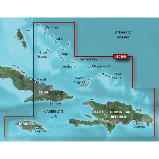 Caribbean Sea map highlighting Cuba, Jamaica, Haiti, Dominican Republic, and Bahamas islands with US029R route