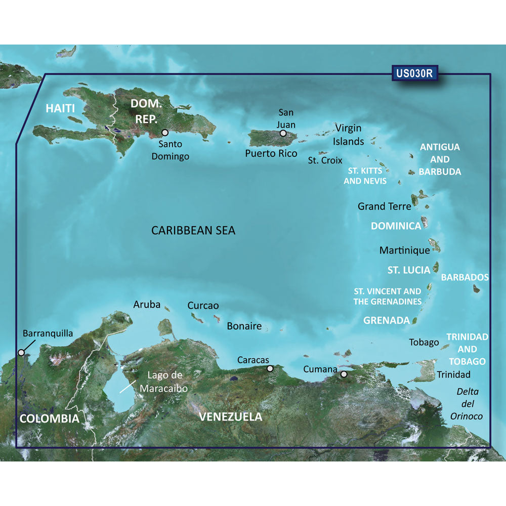 Caribbean Sea map showing islands like Puerto Rico, Dominican Republic, and Venezuela with US030R label