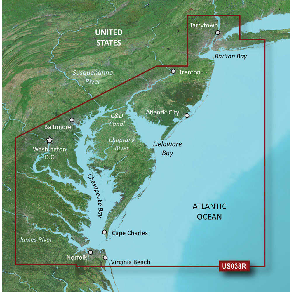 Map showing US038R service area covering Tarrytown to Virginia Beach, including Chesapeake Bay and Atlantic Ocean regions.