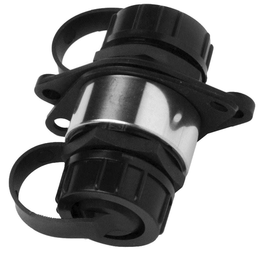 Black and chrome marine-grade waterproof connector with mounting flange and cable clamps