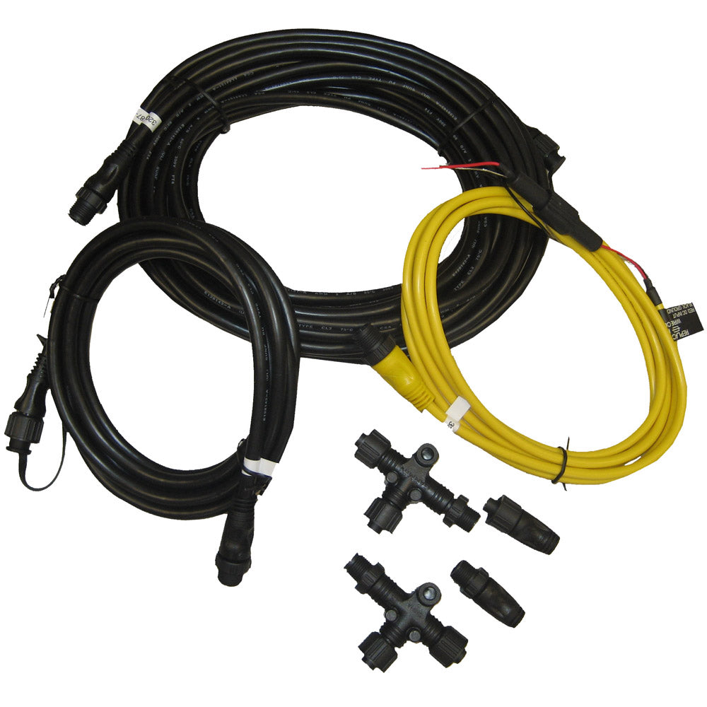 Black and yellow marine-grade wiring harnesses with connectors for audio or lighting installation