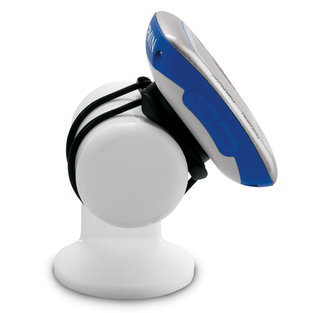 Blue and silver Garmin GPS device mounted on white display stand with black straps