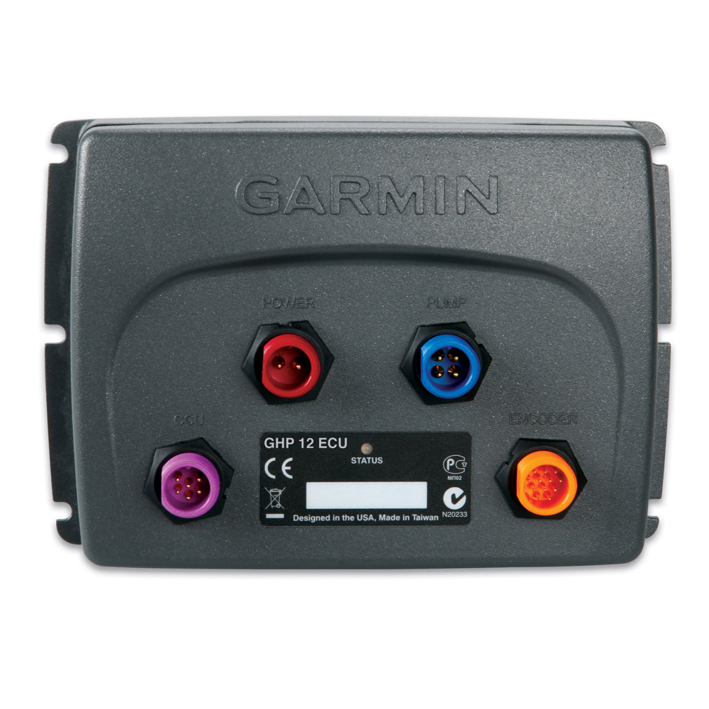 Garmin GHP 12 ECU marine autopilot control unit with color-coded ports for power, pump, encoder, and GCU connections