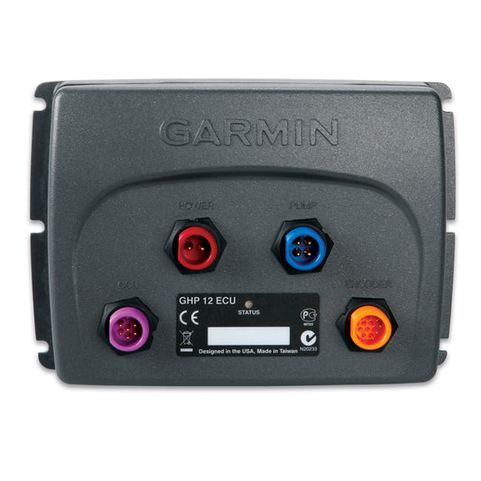 Garmin GHP 12 ECU marine autopilot control unit with color-coded ports for power, pump, encoder, and GCU connections