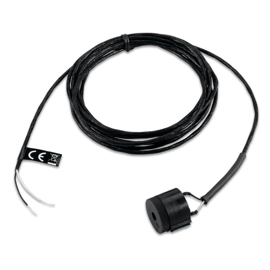 Black automotive sensor with coiled cable and CE label, for car audio or vehicle installation systems