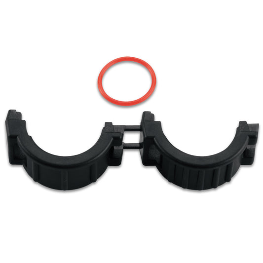 Black plastic clamp with red O-ring for audio or auto installation components