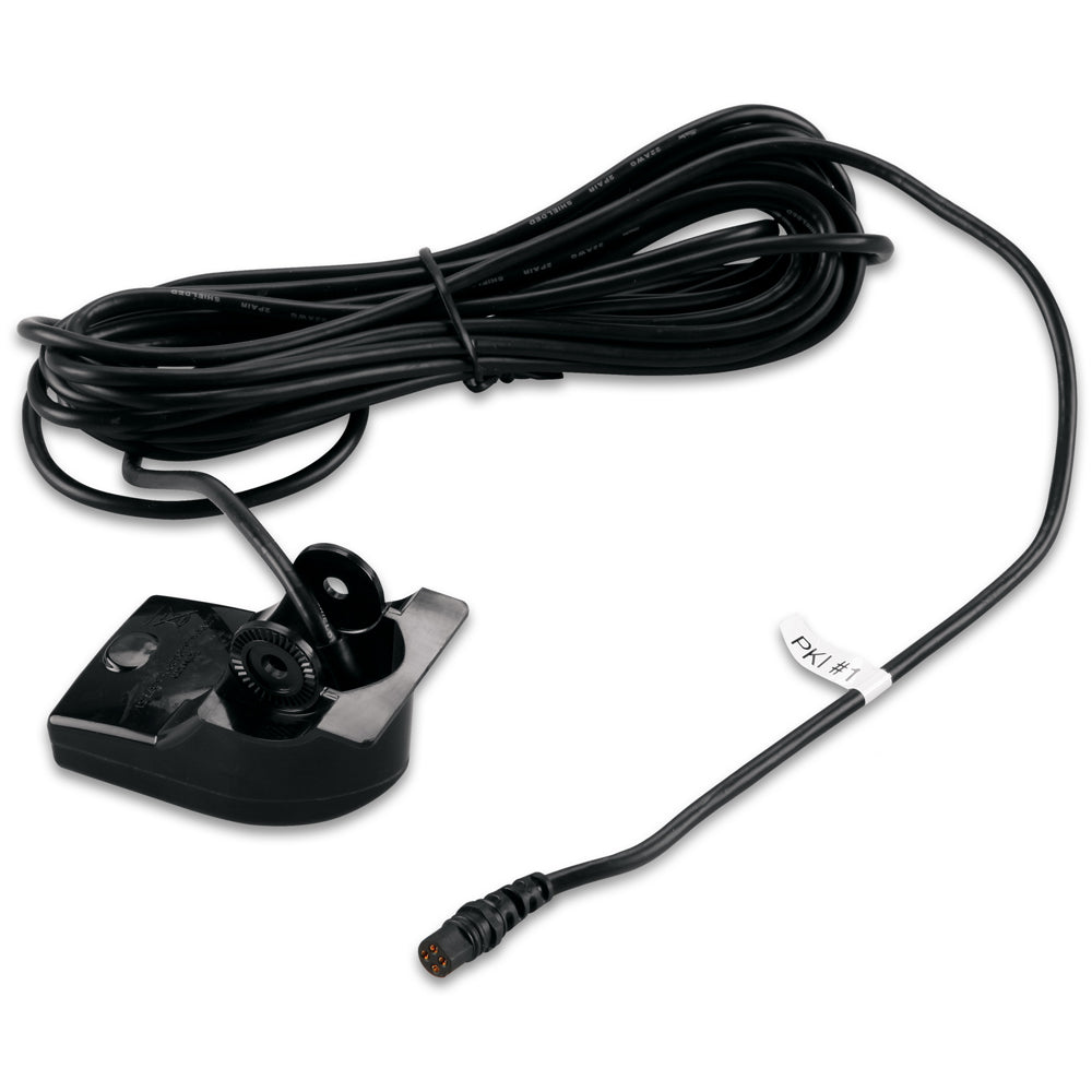 Black marine transducer with coiled cable and connector for boat depth finder installation