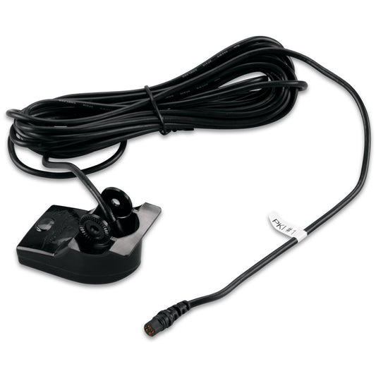 Black marine transducer with coiled cable and connector for boat depth finder installation