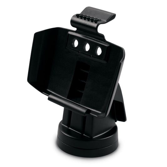 Black car phone mount with adjustable cradle and suction base for dashboard or windshield
