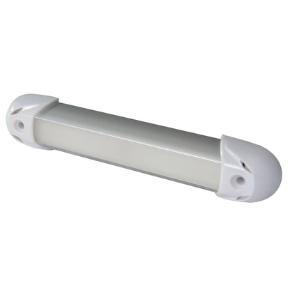 White LED under-cabinet light with aluminum housing and plastic end caps for residential or commercial use