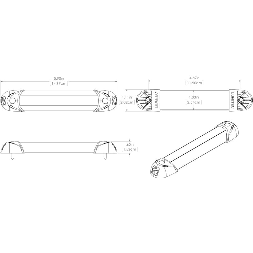 Lumitec marine LED light bar technical diagram with dimensions for boat lighting installation