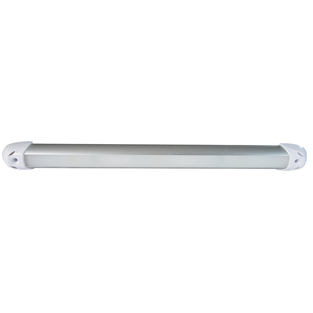 Sleek aluminum LED light bar with white end caps for automotive or commercial use