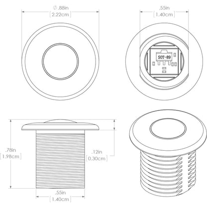 Technical diagram of SOT-89 electronic component with dimensions and threading details