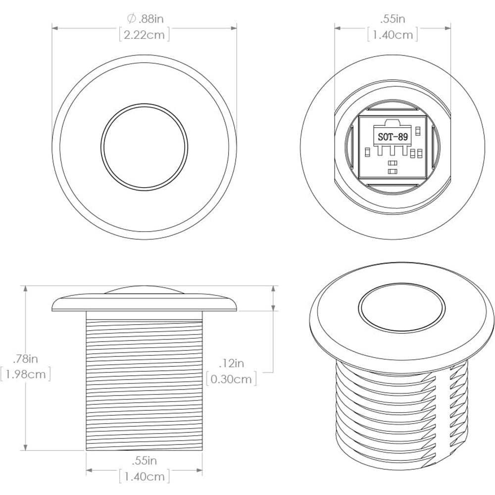 SOT-89 surface mount transistor with threaded mounting base, detailed technical dimensions shown
