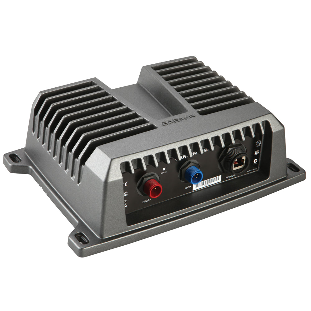 Garmin marine audio processor with power, network, and input ports for boat audio systems