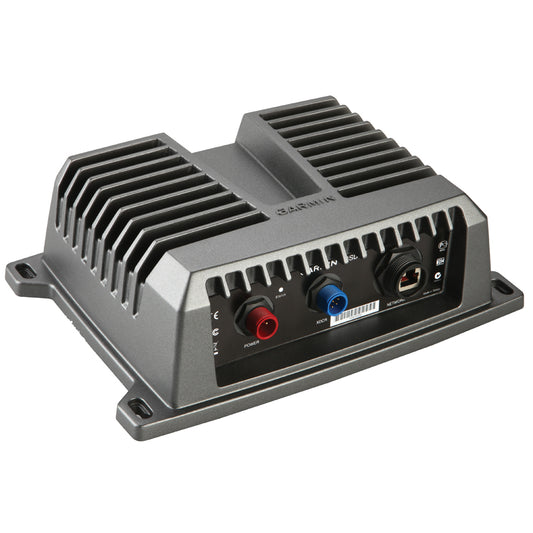 Garmin marine audio processor with power, network, and input ports for boat audio systems