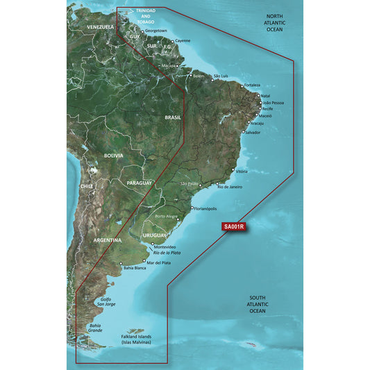 SA001R coverage map highlighting South America and Atlantic regions for satellite service