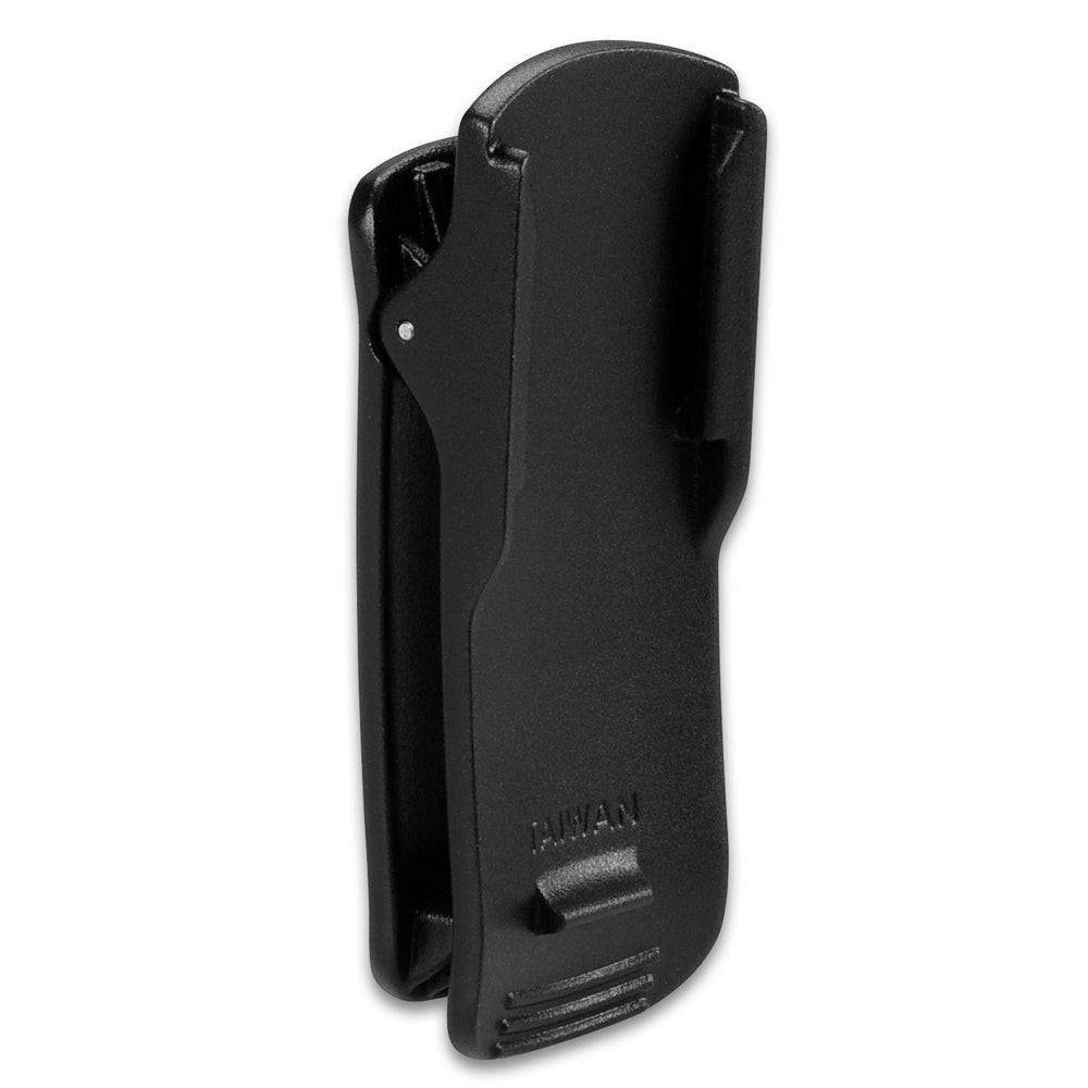 Black plastic holster with clip and Taiwan marking, designed for secure tool or device attachment.