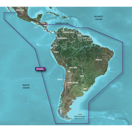 SA500L coverage map highlighting Latin America and Caribbean regions for audio installation services