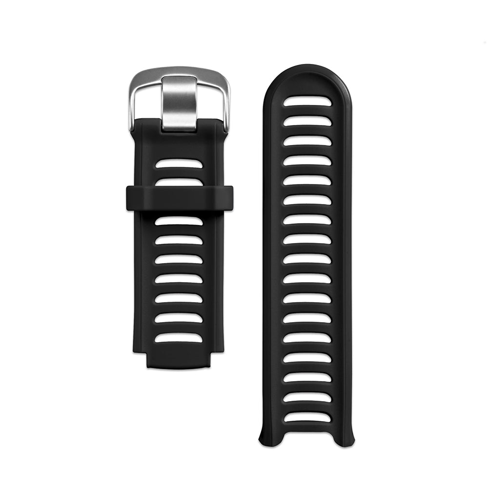 Black perforated watch strap with silver buckle, sporty silicone band design