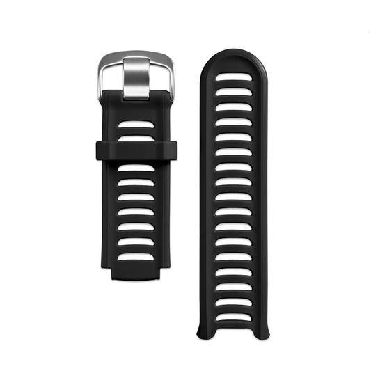 Black perforated watch strap with silver buckle, sporty silicone band design