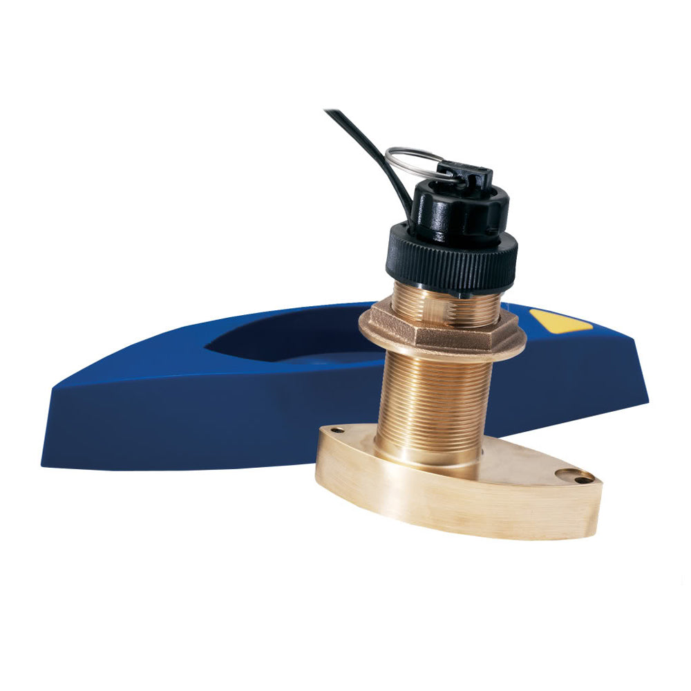 Brass marine transducer with black connector and blue mounting base
