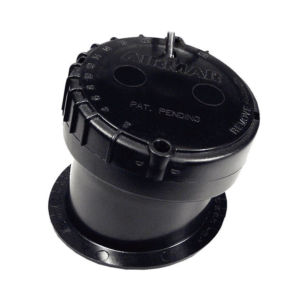 Black Airmar marine sensor with patent pending label and mounting base