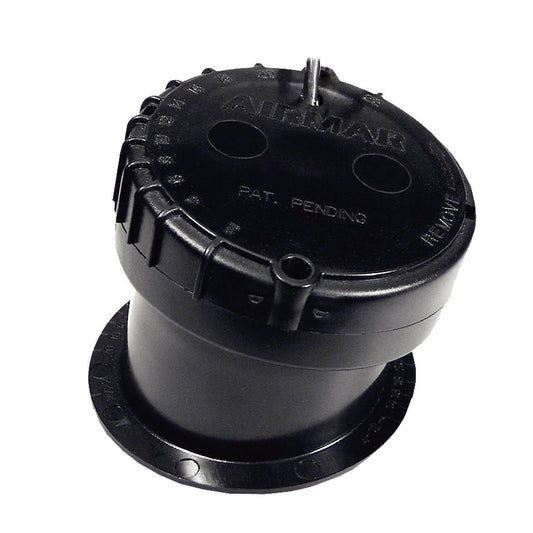Black Airmar marine sensor with patent pending label and mounting base