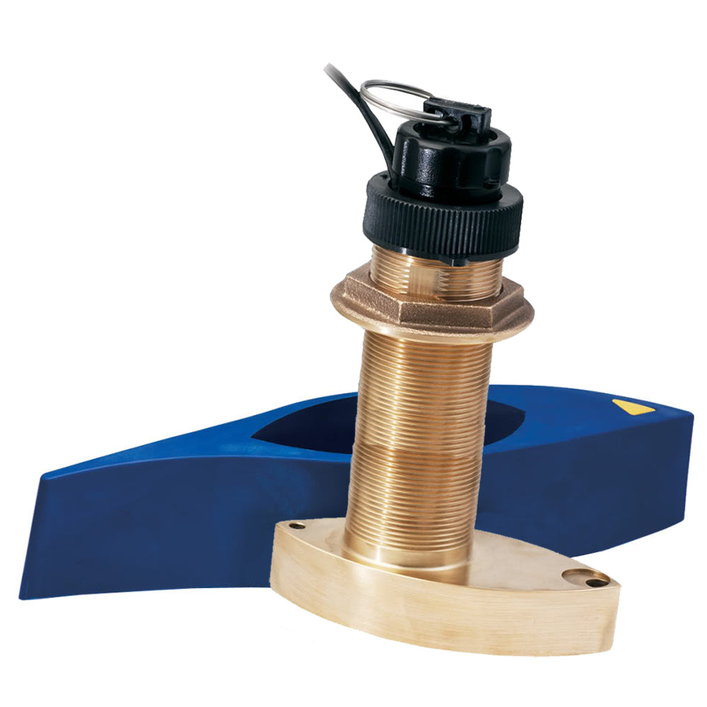 Brass marine transducer with blue fairing block for boat sonar installation