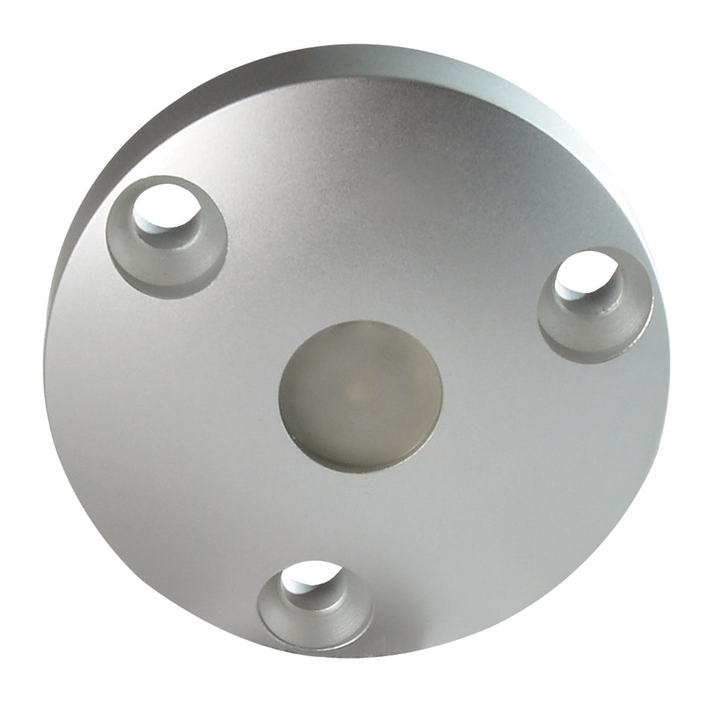 Silver circular audio speaker mounting plate with three screw holes and center cutout