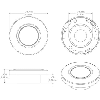 Technical diagram of a circular audio component with precise dimensions for car audio installation
