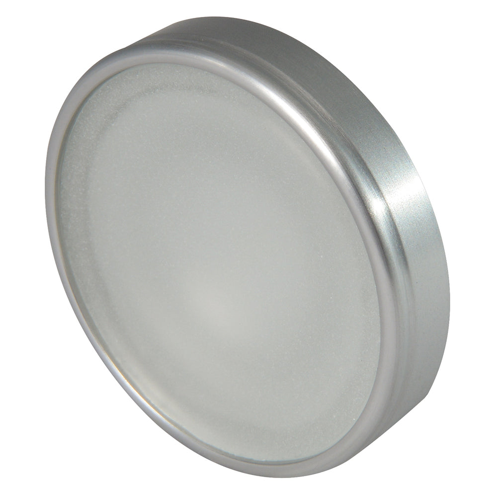 Frosted glass lens with silver metal rim for automotive or residential lighting fixture