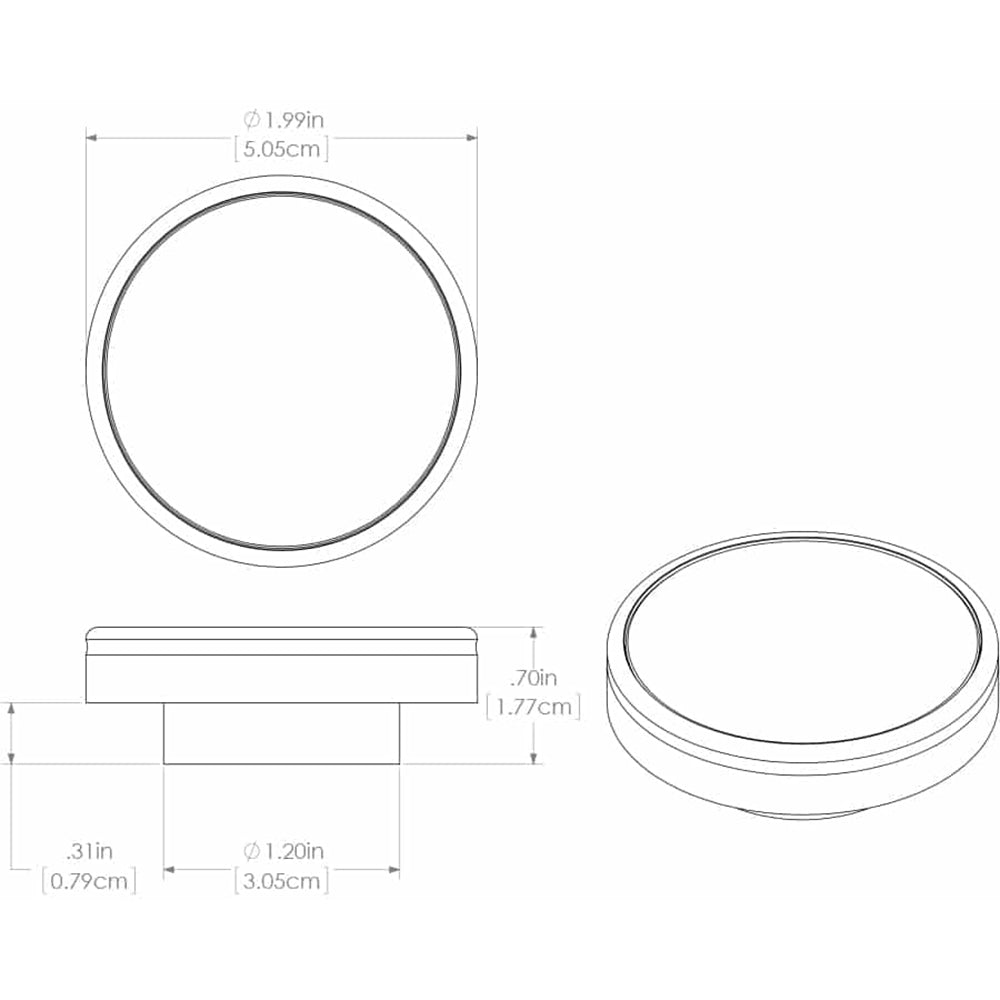 Technical diagram showing circular component dimensions in inches and cm for auto audio installation