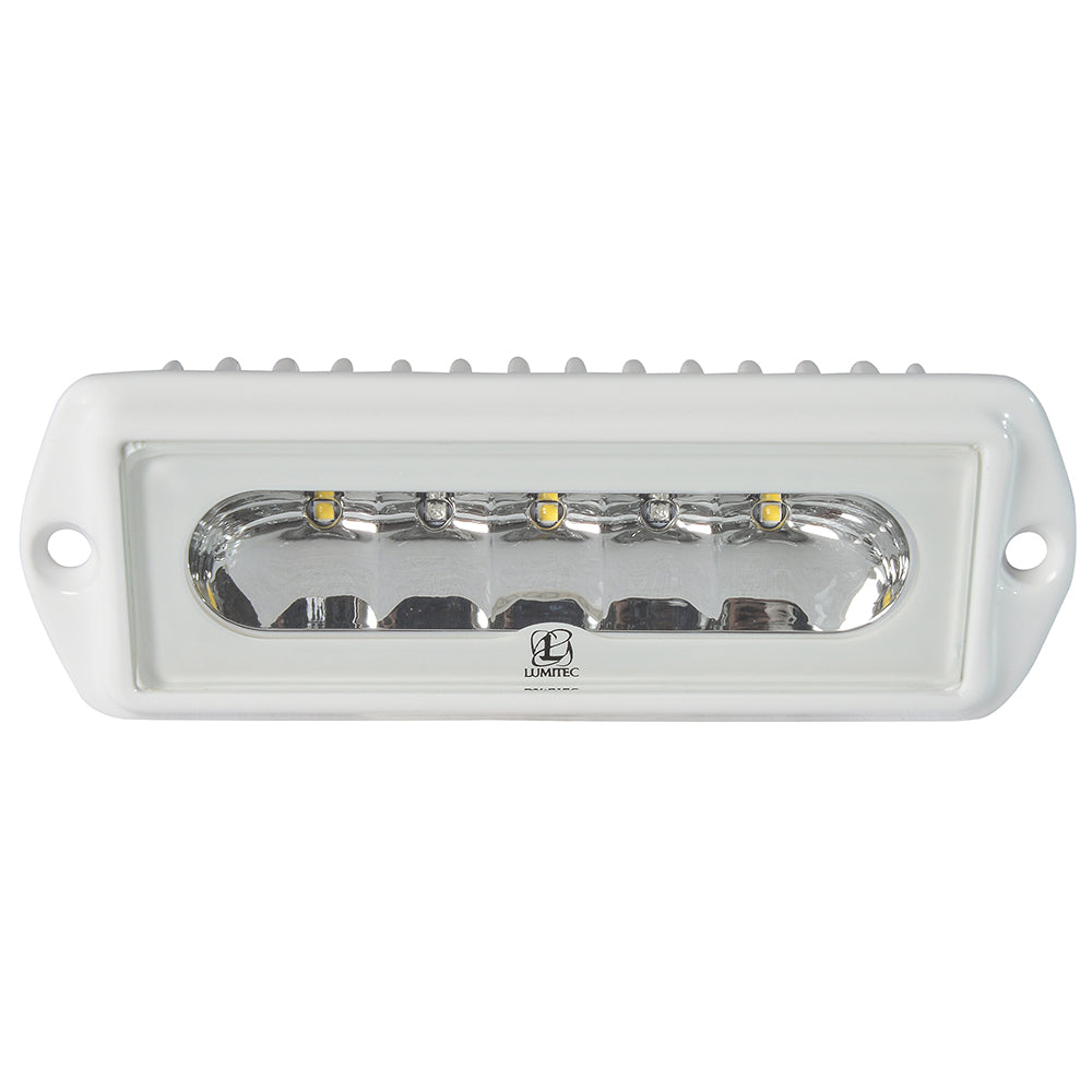 Lumitec marine LED light with white housing and chrome reflector, ideal for boat illumination and accent lighting.