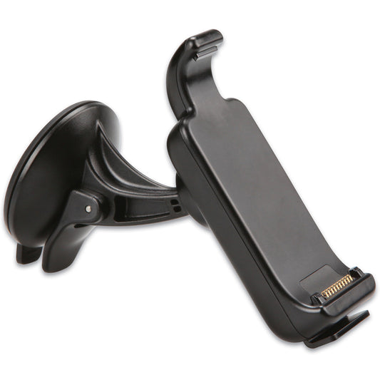 Black car phone mount with suction cup and charging connector for vehicle installation