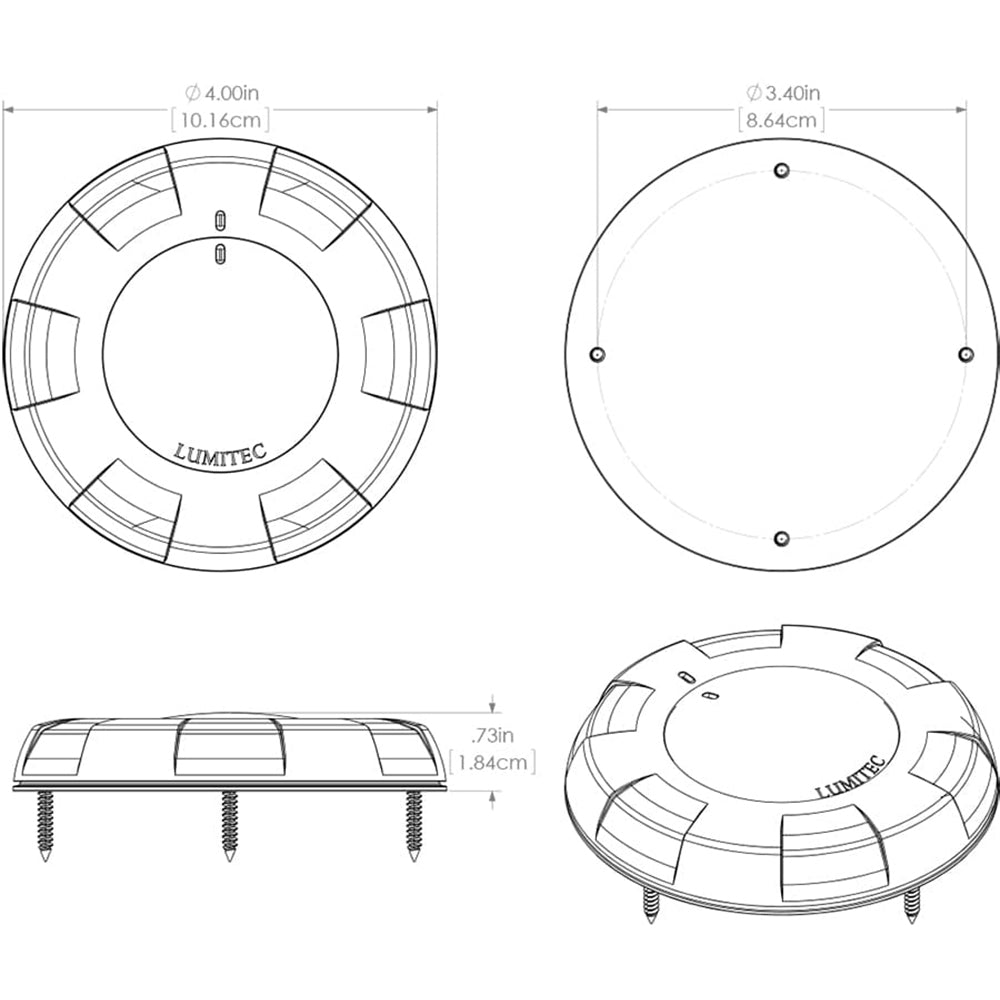 Lumitec marine LED light fixture technical diagram with dimensions and mounting screws