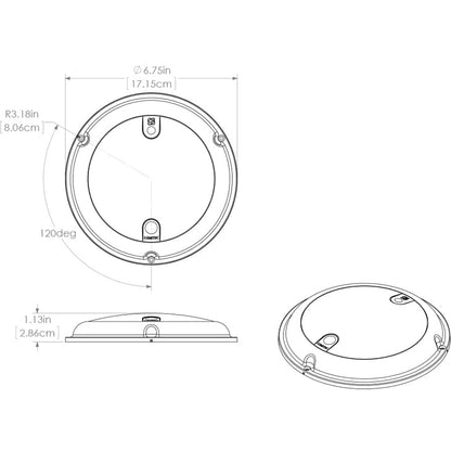 Lumetric marine speaker dimensions diagram, 6.75in diameter, 1.13in depth, for boat audio installation