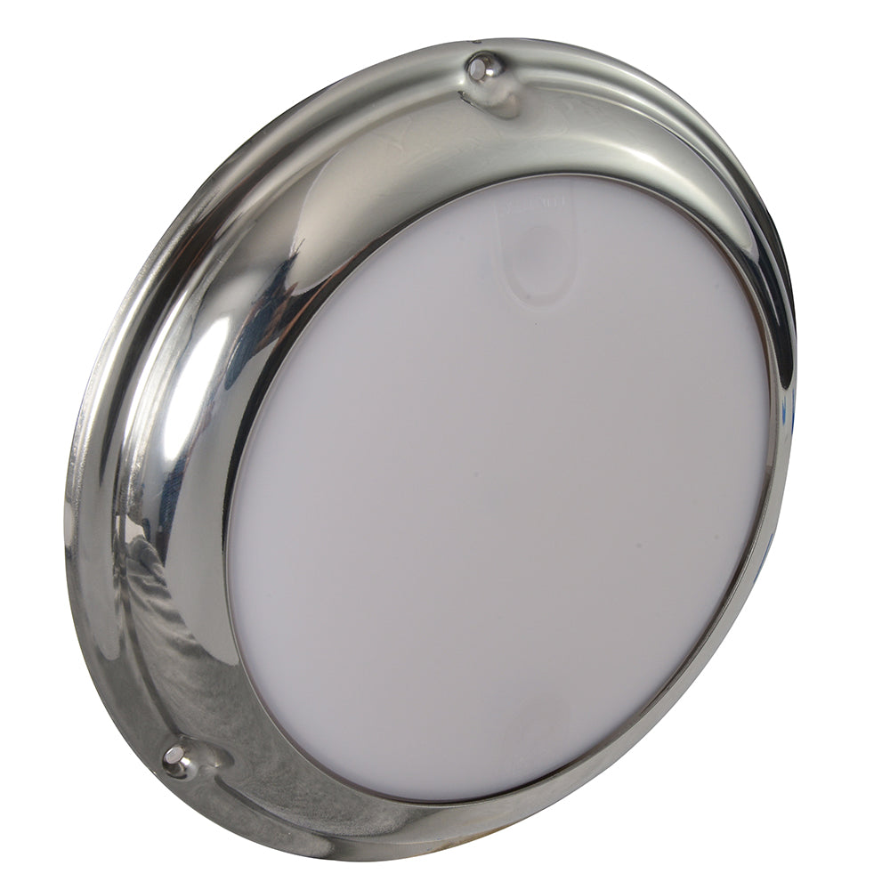 Chrome marine LED light with frosted lens, ideal for boat or RV exterior illumination