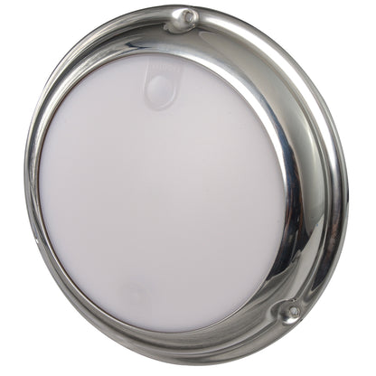 Chrome marine LED light with frosted lens, ideal for boat or RV exterior lighting installations