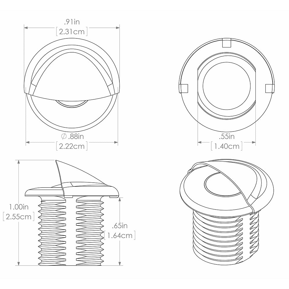 Technical diagram of a threaded automotive fastener with precise measurements in inches and cm