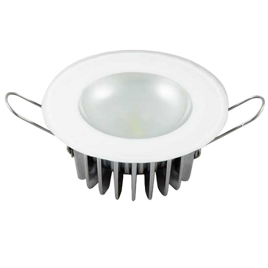 White LED recessed light with heat sink fins and mounting clips for residential or commercial installation