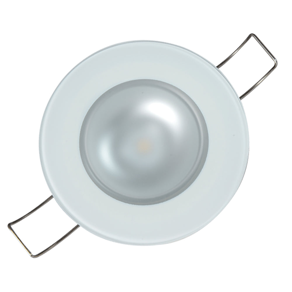 White LED recessed light with metal mounting clips for residential or commercial installation
