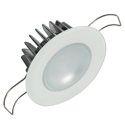 White LED recessed light with metal heat sink and spring clips for residential or commercial installation