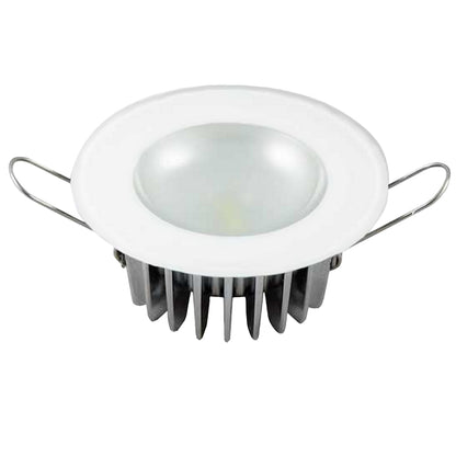 White LED recessed downlight with metal heat sink and installation clips for residential or commercial use